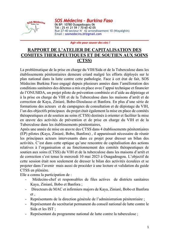 SOS Médecins Burkina Faso — Rapport Atelier de capitalisation des Comités Thérapeutiqu