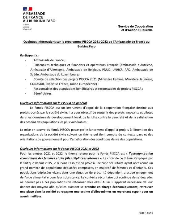 Projet PISCCA 2022 — Cérémonie de lancement du PISCCA 2022 Informations sur le